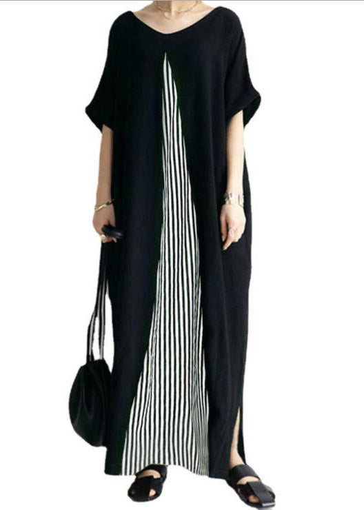 Black O-neck Striped Patchwork Cozy Maxi Dress Short Sleeve
