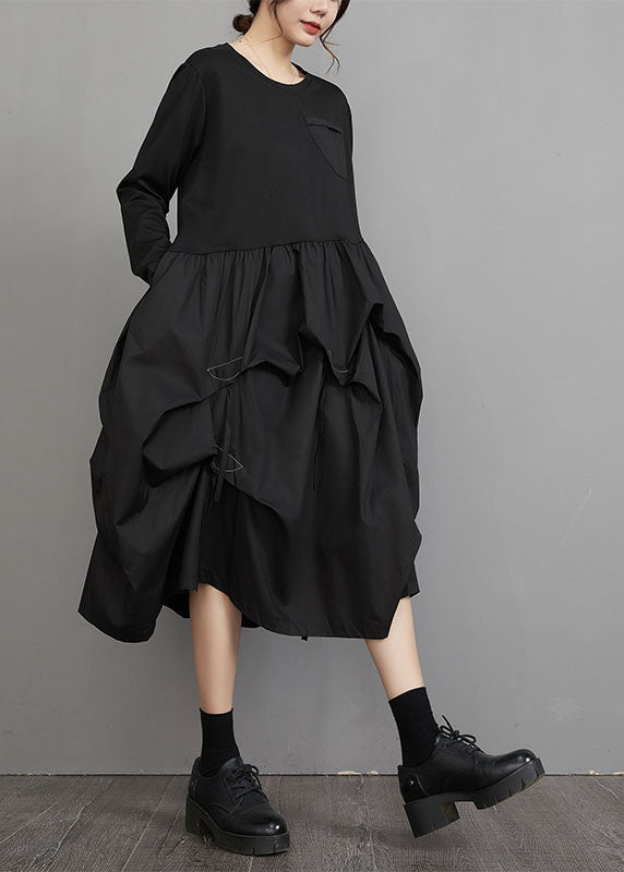 Black O-neck Wrinkled Patchwork Maxi Lantern Dresses Long Sleeve