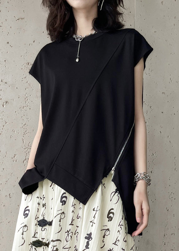 Black O-neck Zippered Top Summer