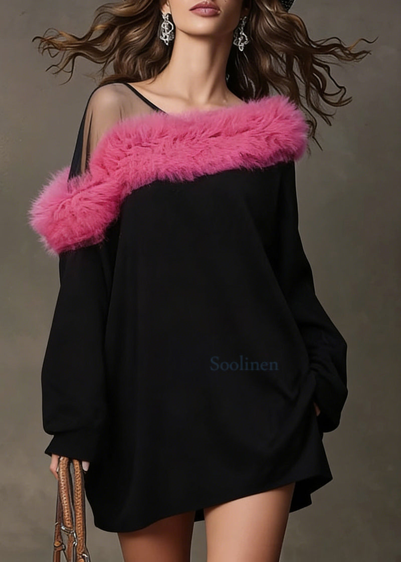 Black One Shoulder Patchwork Faux Fur Mini Dresses Spring
