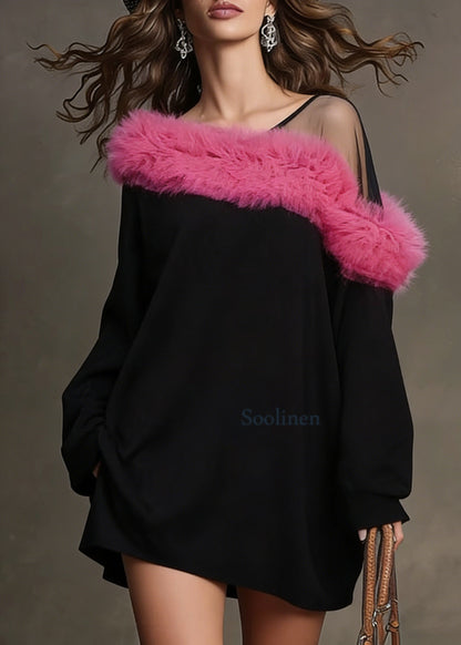 Black One Shoulder Patchwork Faux Fur Mini Dresses Spring