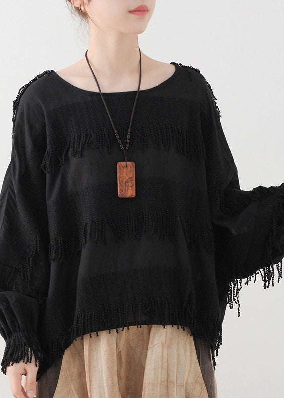 Black Original Design O-neck Cotton Tops Lantern Sleeve