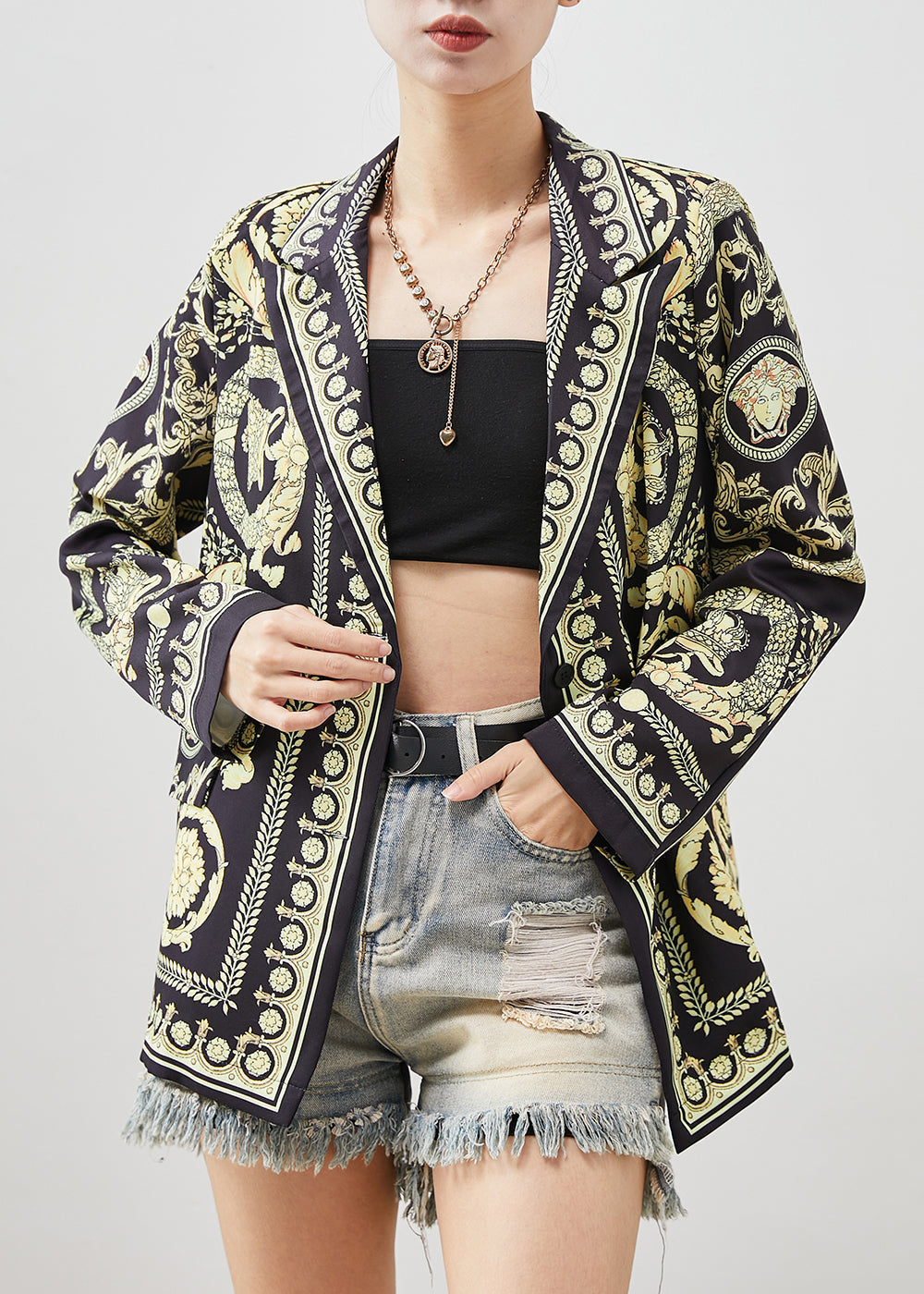 Black Original Design Print Spandex Coat Spring