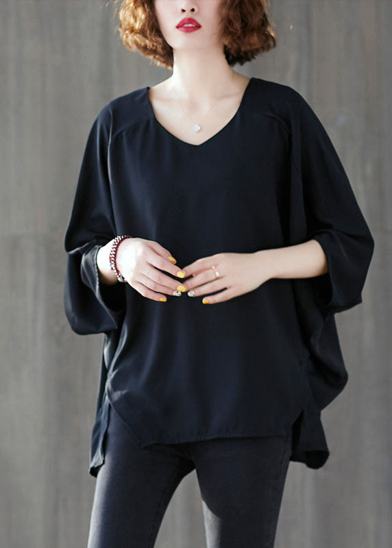 Black Oversized Asymmetrical Side Open Cotton Tops Batwing Sleeve