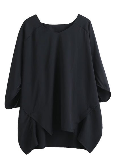 Black Oversized Asymmetrical Side Open Cotton Tops Batwing Sleeve