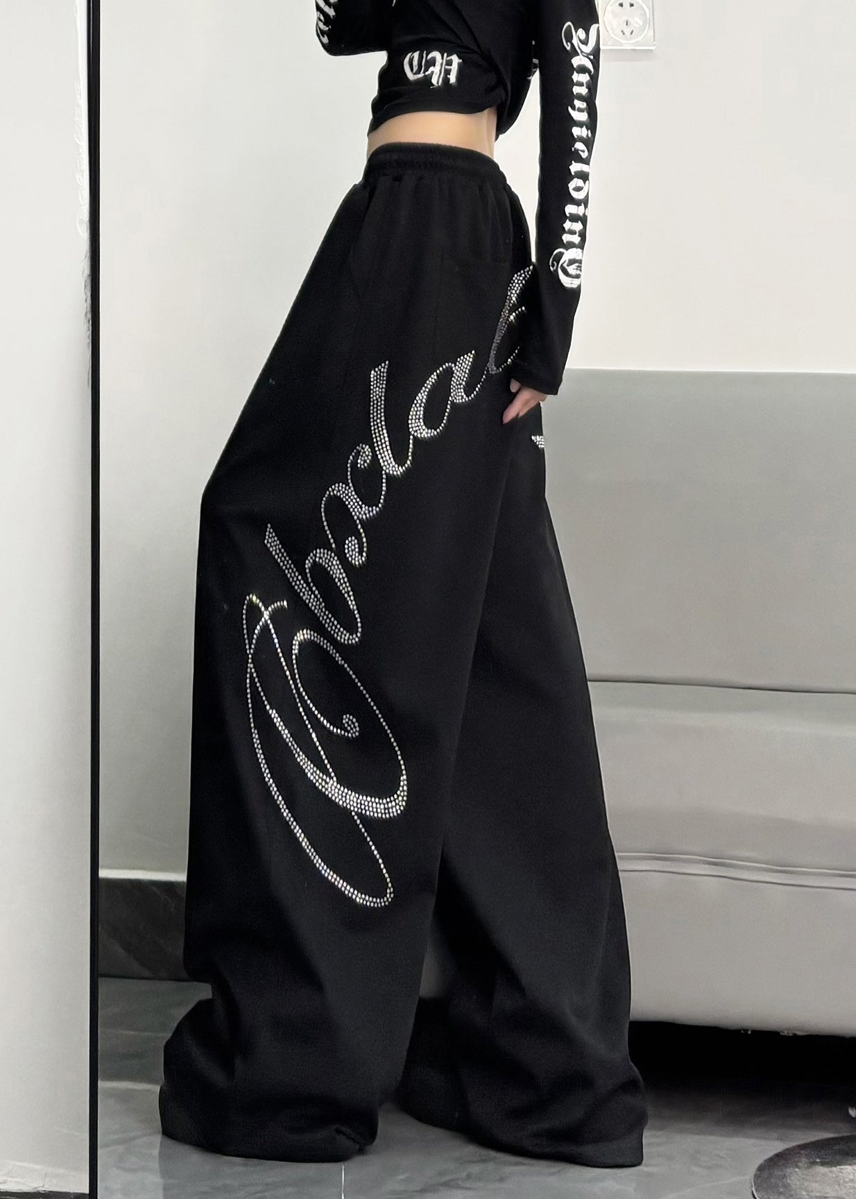 Black Oversized Letter Zircon Cotton Wide Leg Pants Spring