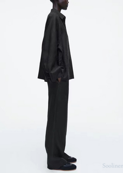 Casual Black Oversized Linen Shirts Fall