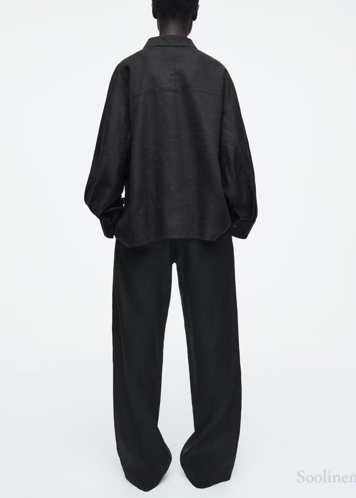 Casual Black Oversized Linen Shirts Fall