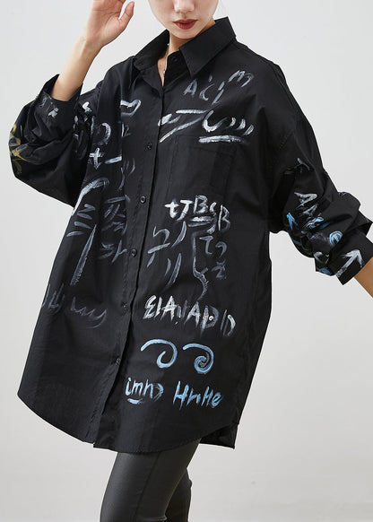 Black Oversized Paintings Cotton Long Shirt Spring