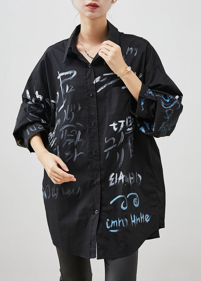 Black Oversized Paintings Cotton Long Shirt Spring