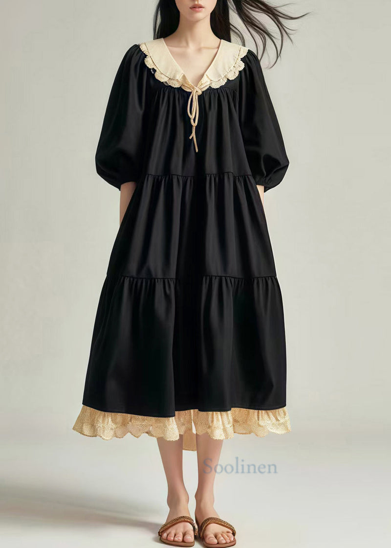 Black Oversized Patchwork Cotton Vacation Dresses Lantern Sleeve