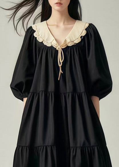 Black Oversized Patchwork Cotton Vacation Dresses Lantern Sleeve