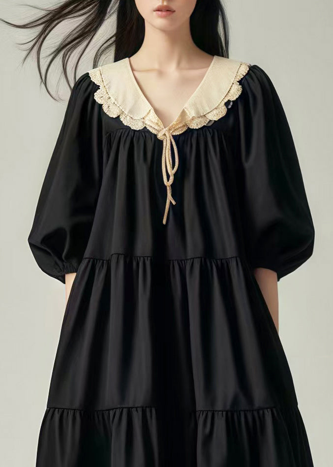 Black Oversized Patchwork Cotton Vacation Dresses Lantern Sleeve