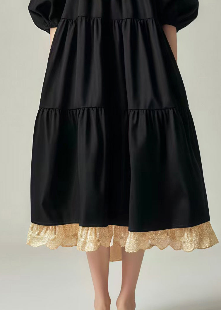 Black Oversized Patchwork Cotton Vacation Dresses Lantern Sleeve
