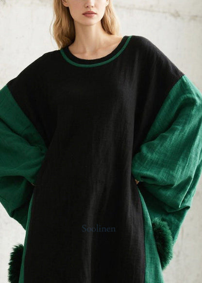Black Oversized Patchwork Fuzzy Ball Decorated Long Dress Batwing Sleeve