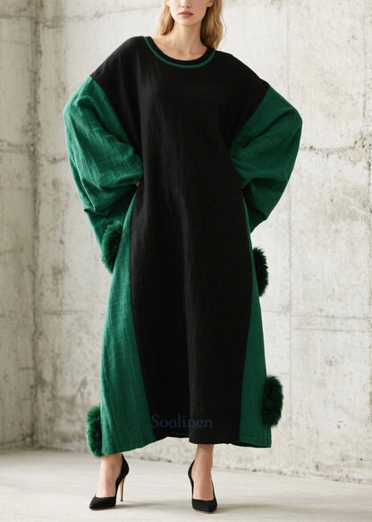 Black Oversized Patchwork Fuzzy Ball Decorated Long Dress Batwing Sleeve