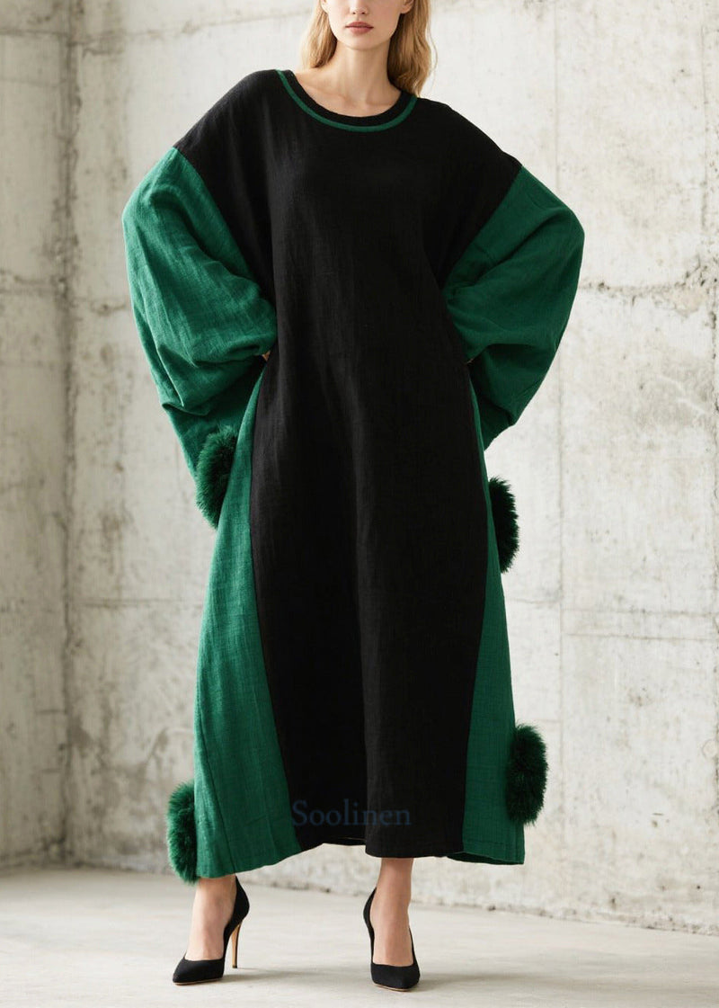 Black Oversized Patchwork Fuzzy Ball Decorated Long Dress Batwing Sleeve