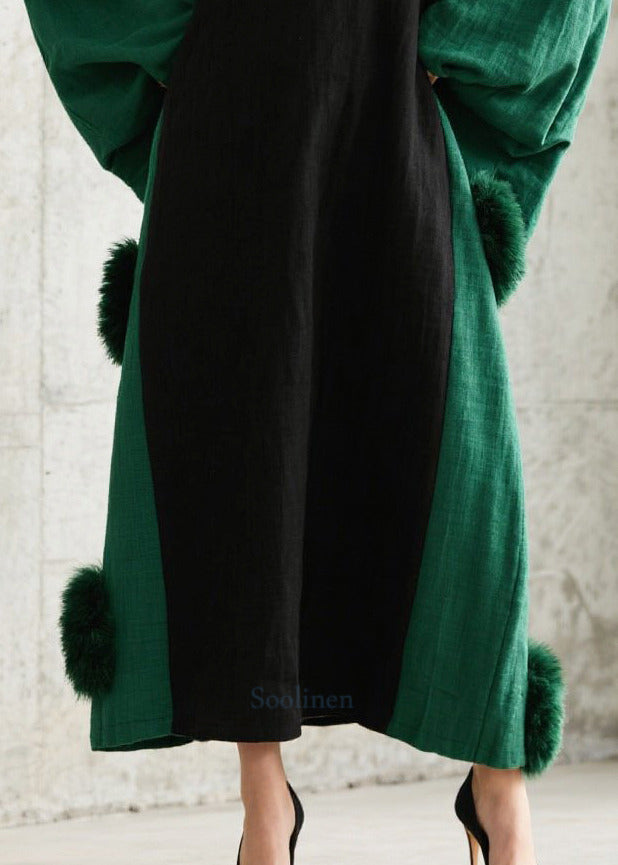 Black Oversized Patchwork Fuzzy Ball Decorated Long Dress Batwing Sleeve
