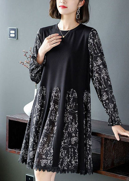 Black Oversized Patchwork Print Chiffon Robe Dresses Spring