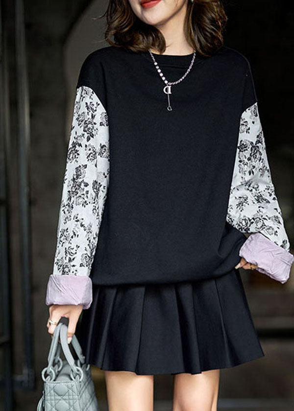 Black Oversized Patchwork Print Cotton Loose Sweatshirts Top Winter