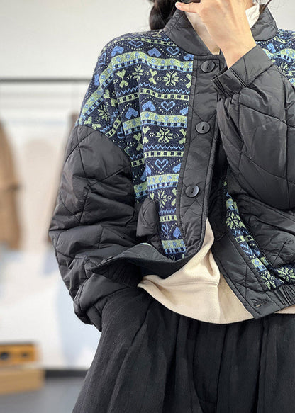 Black Oversized Patchwork Print Fine Cotton Filled Coat Winter