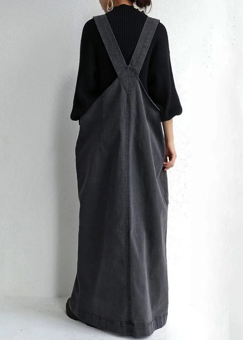 Black Oversized Pockets Cotton Maxi Dresses Summer