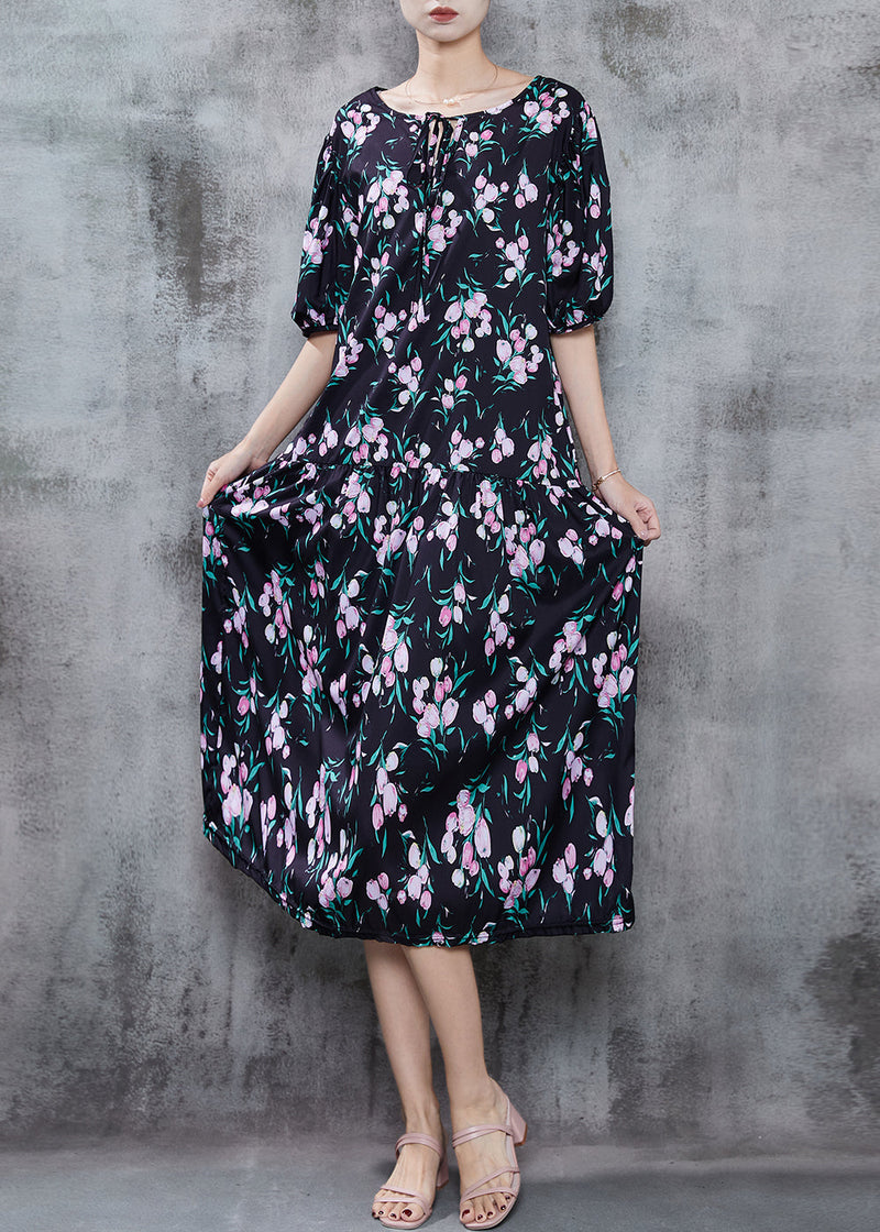 Black Oversized Print Chiffon Holiday Dress Summer