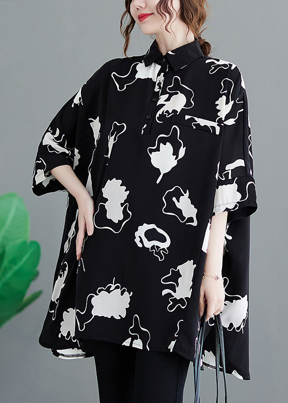 Black Oversized Print Chiffon Long Shirt Half Sleeve