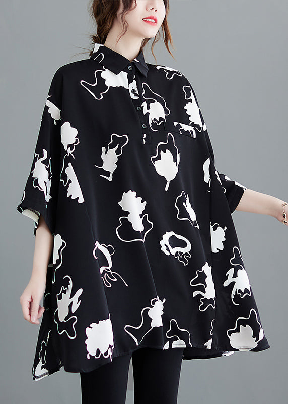 Black Oversized Print Chiffon Long Shirt Half Sleeve