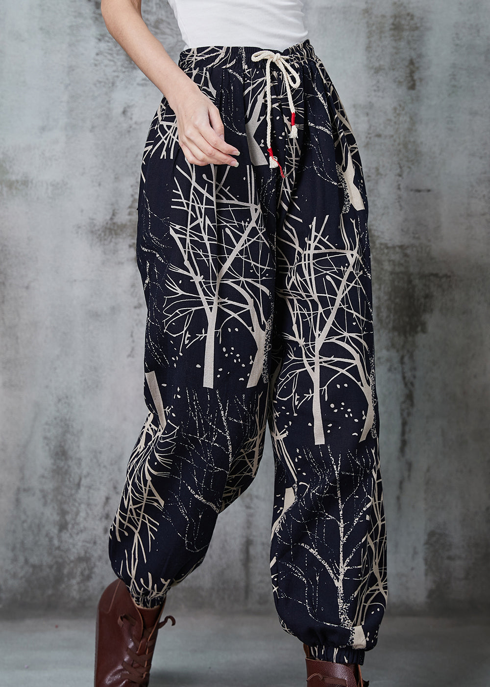 Black Oversized Print Cotton Harem Pants Spring