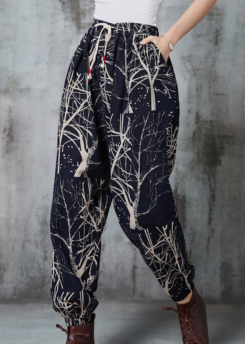 Black Oversized Print Cotton Harem Pants Spring