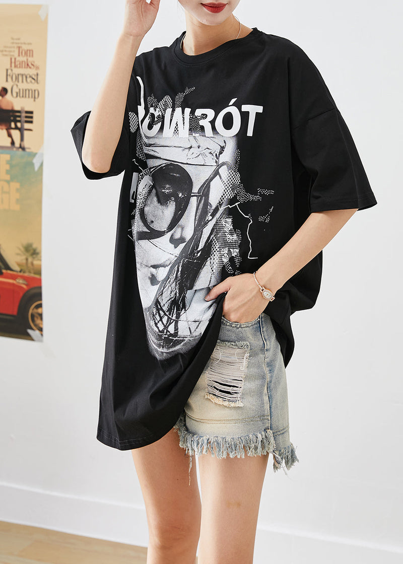 Black Oversized Print Cotton Tank Top Summer