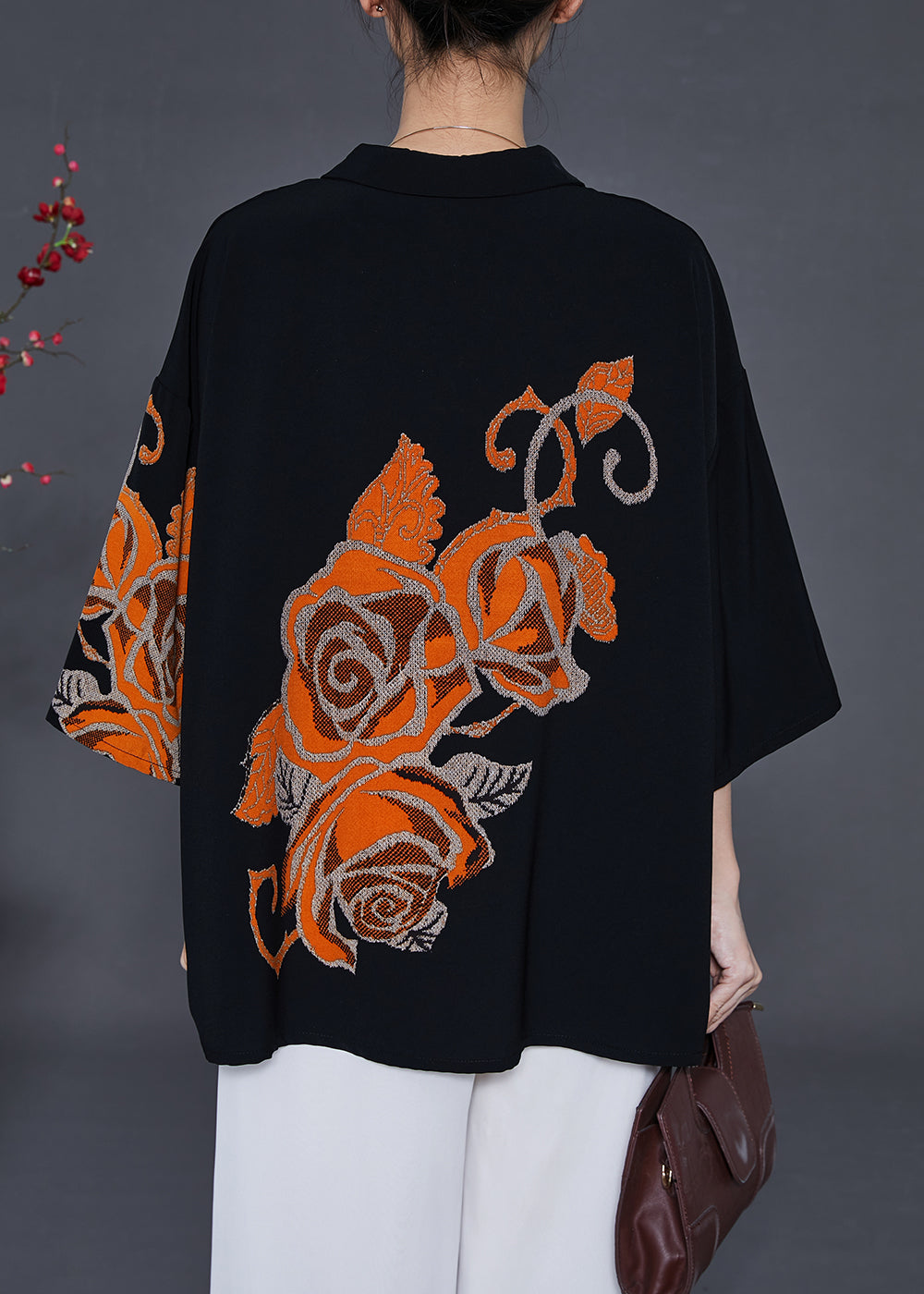 Black Oversized Print Silk Shirts Bracelet Sleeve