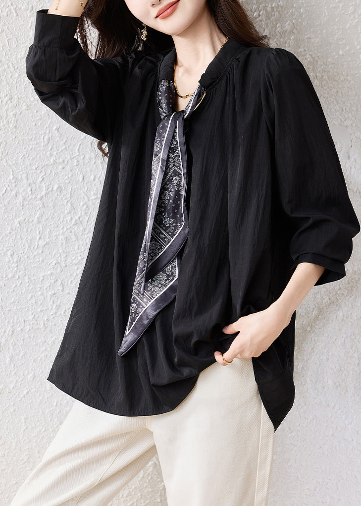 Black Oversized Scarf Cotton Blouse Top Fall