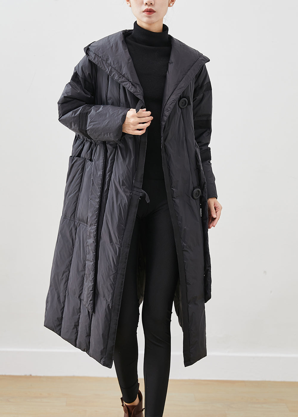 Black Oversized Tie Waist Duck Down Down Coats Winter