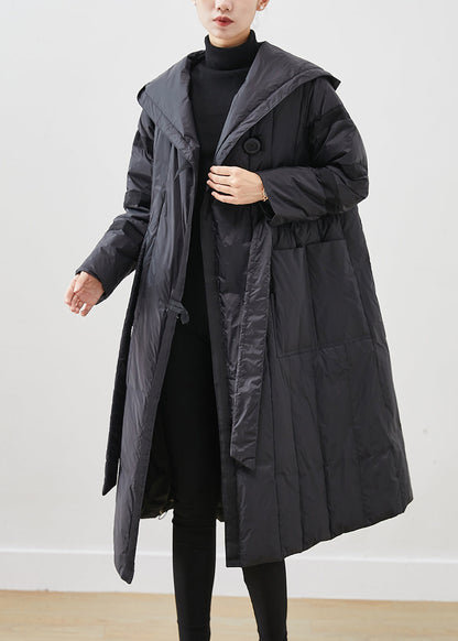 Black Oversized Tie Waist Duck Down Down Coats Winter