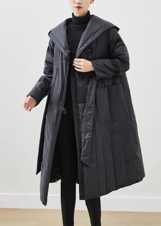 Black Oversized Tie Waist Duck Down Down Coats Winter
