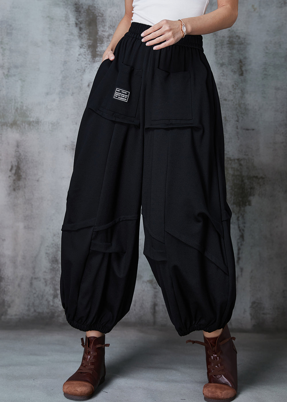 Black Oversized Wrinkled Cotton Harem Pants Spring
