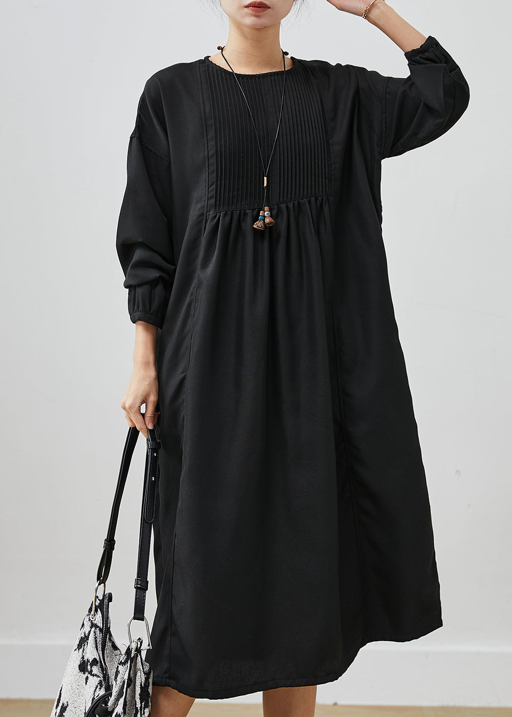 Black Oversized Wrinkled Cotton Long Dress Spring