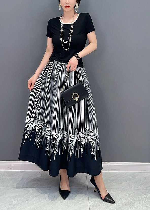 Black Oversized Zebra Pattern Cotton Skirts Spring