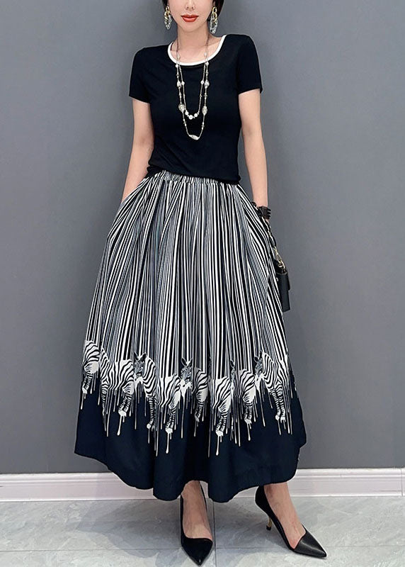 Black Oversized Zebra Pattern Cotton Skirts Spring