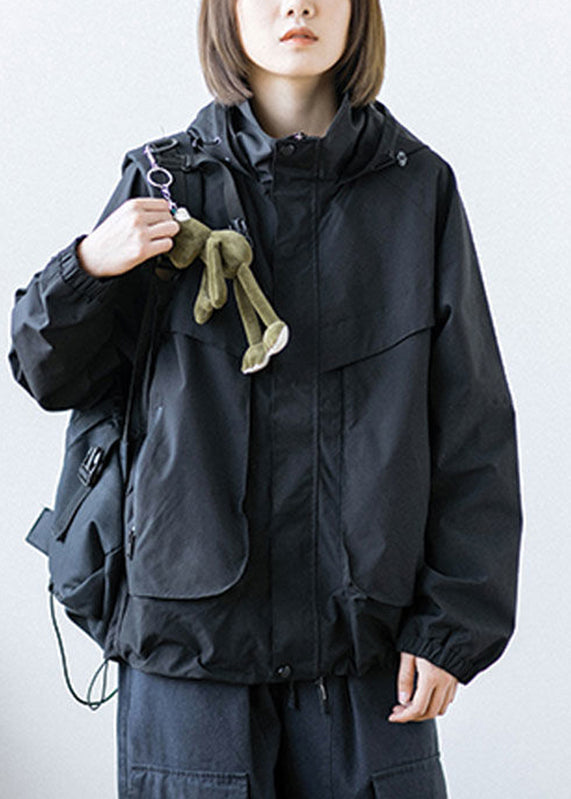 Black Patchwork Button Pockets Zippered Drawstring Hooded Coats Long Sleeve