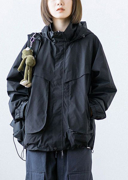 Black Patchwork Button Pockets Zippered Drawstring Hooded Coats Long Sleeve
