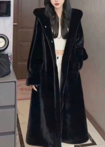 Black Patchwork Mink Velvet Hooded Maxi Trench Coat Winter