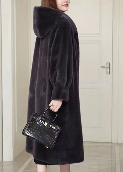 Black Patchwork Mink Velvet Hooded Maxi Trench Coat Winter