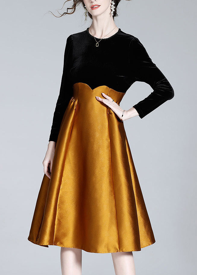 Black Patchwork Orange Velour Long Dress Spring
