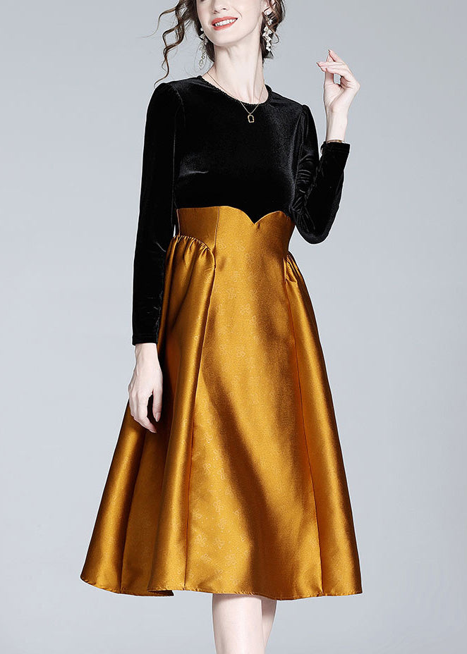 Black Patchwork Orange Velour Long Dress Spring