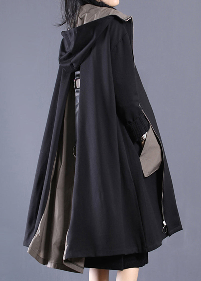 Black Patchwork Zippered Long Hoodie Trench Coat Long Sleeve