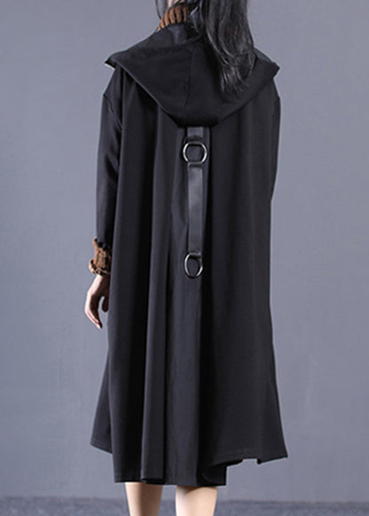 Black Patchwork Zippered Long Hoodie Trench Coat Long Sleeve