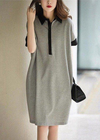 Print2 Peter Pan Collar Button Cotton Maxi Dresses Short Sleeve